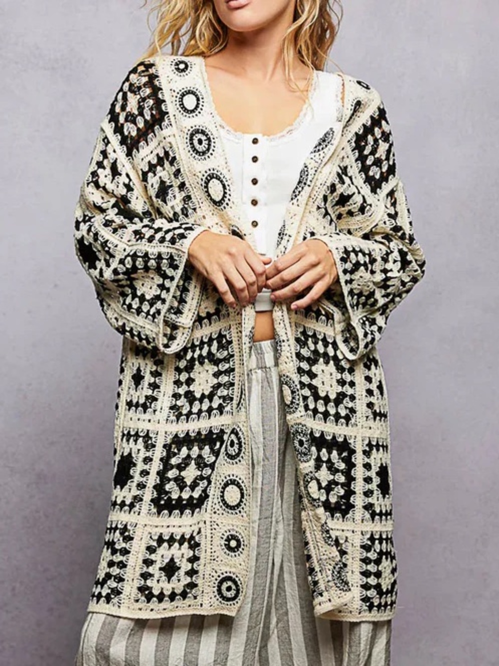 POL Crochet Open-Front Cardigan in Black and Cream
